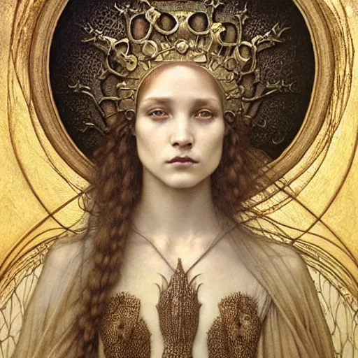 Image similar to detailed realistic beautiful young medieval queen face portrait by jean delville, tom bagshaw, brooke shaden, gustave dore and marco mazzoni, art nouveau, symbolist, visionary, gothic, pre - raphaelite, ornate gilded medieval icon, surreality, ethereal, unearthly, haunting, celestial, neo - gothic, ghostly, memento mori