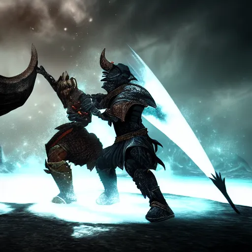 Prompt: dragonborn vs ultimate evil epic fight dramatic lighting extreme details