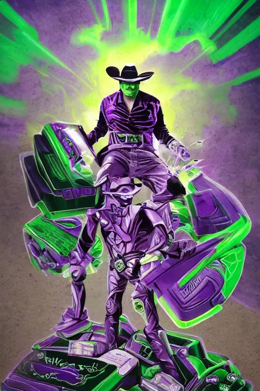 Image similar to portrait of cowboy johnny cash as purple green optimus prime power ranger from transformers masters of the universe surfing tonic stimulant fluids on air guitar zord UFO hoverboard, intricate, highly detailed, smooth, artstation, digital illustration by Lisa Frank and Ruan Jia and Mandy Jurgens and Artgerm and Wayne Barlowe and Greg Rutkowski and Zdislav Beksinski