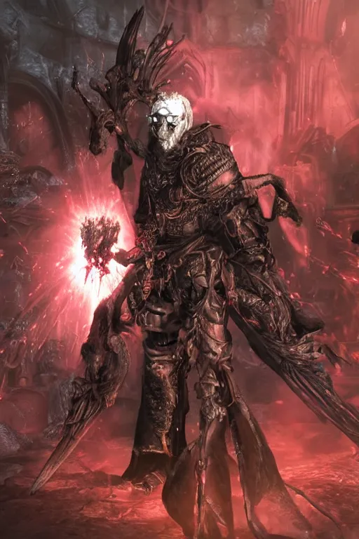 Image similar to Path of Exile, [Sirius], clear [[bronze]] face [mask] with crown, luminous red eyes, male image with [bronze] black bloody armor, sitting on the throne, inside the ruined gothic church, black shadows, red lasers, dark red bloody fog, black-grey smoky tornadoes fly around, [[blood]], Anachronism, painting, dark fantasy, steampunk, 4k, perfect quality,