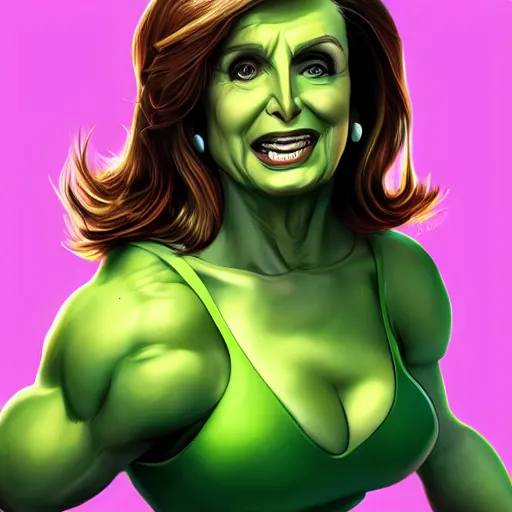 Image similar to Nancy Pelosi as She-Hulk, 4k, digital art, artstation, cgsociety, hyper-detailed, award-winning, trending,