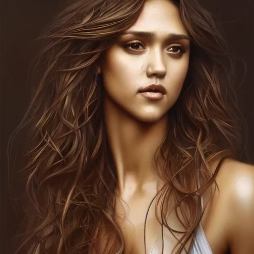 Prompt: beautiful striking Pre-Raphaelite Jessica Alba by Artgerm and Greg Rutkowski, flowing hair, intricate, elegant, highly detailed, digital painting