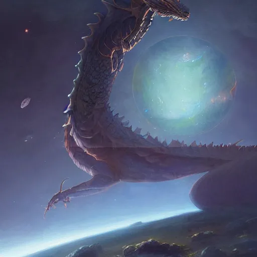 Image similar to Chrystalline blue scaled dragon devouring an earth like planet in space, sun system, nebula in the background, oil painting, by Fernanda Suarez and Edgar Maxence and Greg Rutkowski