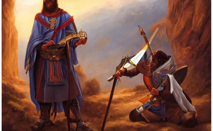 Image similar to christian orthodox paladin sharpening a yatagan, canyon background, fantasy art