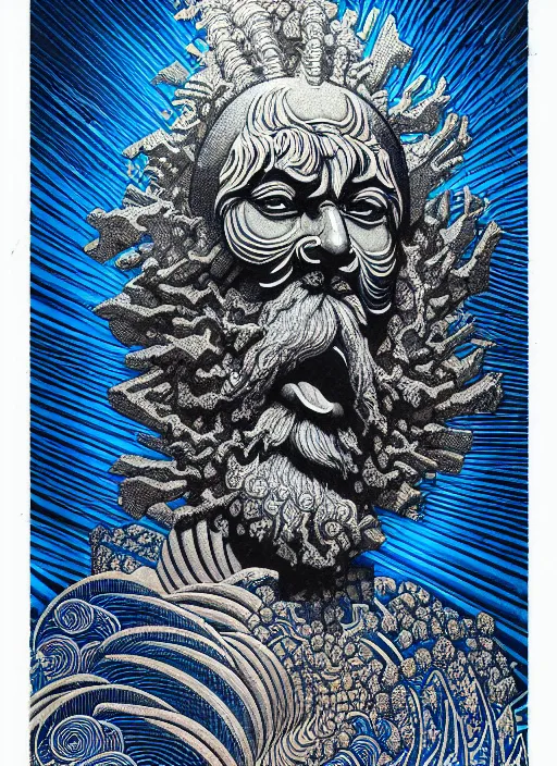 Prompt: detailed mighty zeus god, by hokusai and james gurney + black paper with intricate and vibrant blue line work + tarot card + mandelbulb fractal + full of silver layers + portrait + trending on artstation + incredible blue and black gothic illustration + exquisite detail