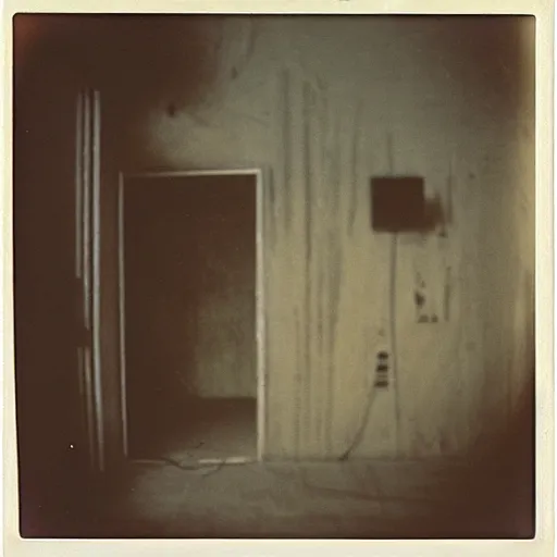 Image similar to dark concrete room with a tv on the ground inna dark doorway, creepy, eerie, old polaroid, expired film,