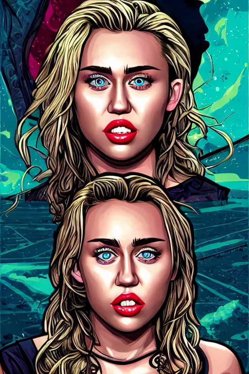 Prompt: a portrait of sexy miley cyrus with long hair, drawn by robbie trevino and dan mumford, poster, digital art, comic art, concept art,, single head,