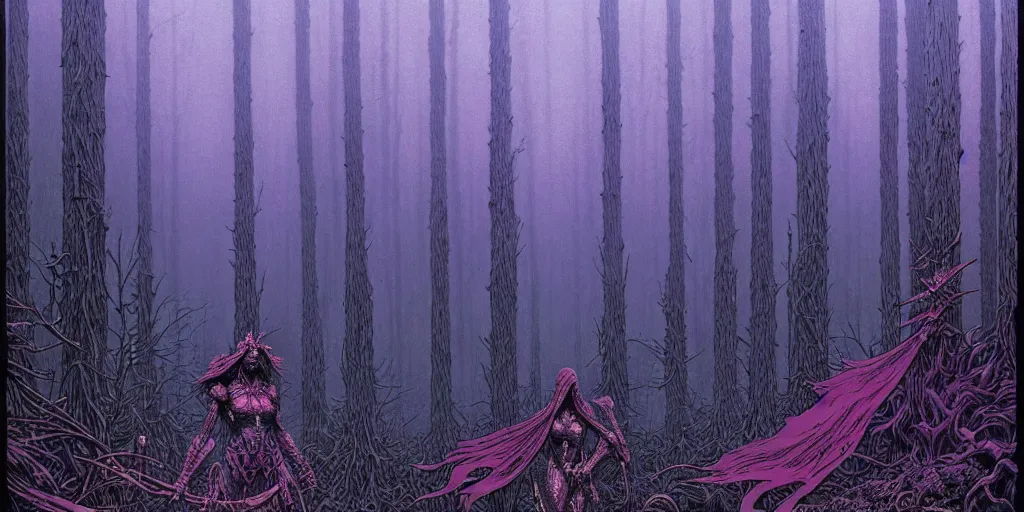 Prompt: grainy risograph matte painting of dark bejeweled huge botanical macabre paladin, atmospheric, densed foggy forest, omnious, epic composition, by moebius, hyperrealism, intricate detailed