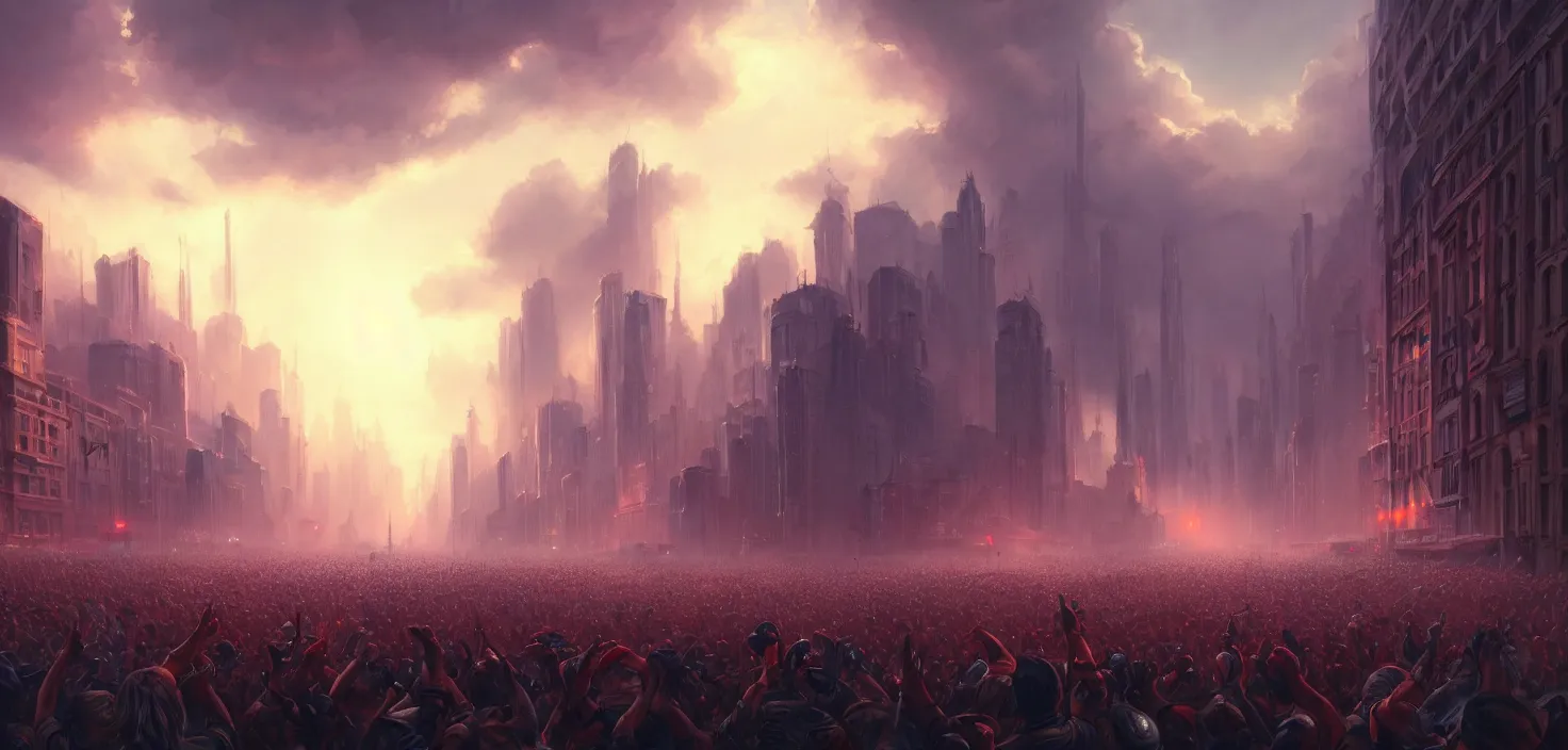 Image similar to painting of a crowd with raised arms pointing toward, demonstration in city, cinematic view, epic sky, detailed, concept art, low angle, high detail, warm lighting, volumetric, godrays, vivid, beautiful, trending on artstation, by jordan grimmer, huge scene, art greg rutkowski