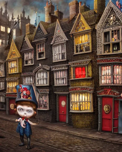 Image similar to highly detailed closeup, portrait of a tin toy victorian london streets, hyper realistic, artstation, illustration, nicoletta ceccoli, mark ryden, lostfish, dan decarlo, bob clampett, max fleischer, digital paint, matte paint, vivid colors, detailed and intricate environment