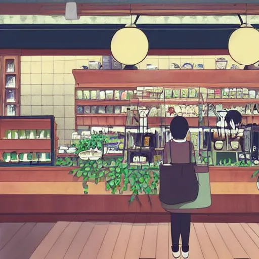 Prompt: starbucks shop with spirited away style, no face man, illustrate, art by ghibli studio