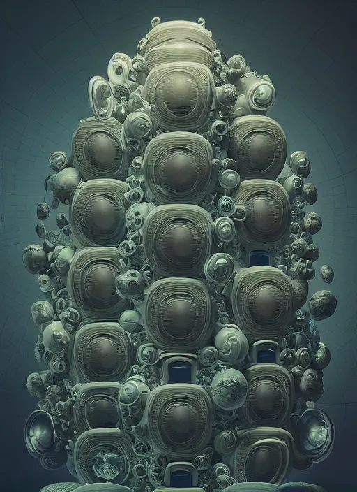 Prompt: highly detailed surreal vfx portrait of a 3 d landscape of stacks of recursive speakers, polyphonic ecstacy, ornate, hyperrealistic, octane render, chiaroscuro, inspired by james jean, android jones, beeple, rhads, alphonse mucha, frostbite 3 engine