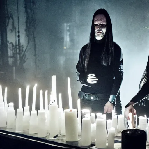 Prompt: swedish black metal band with bright 5 l bottle of beer, all black cyberpunk clothes, futuristic, realistic, promo photograph, epk, in a room full of candles, high quality, highly detailed