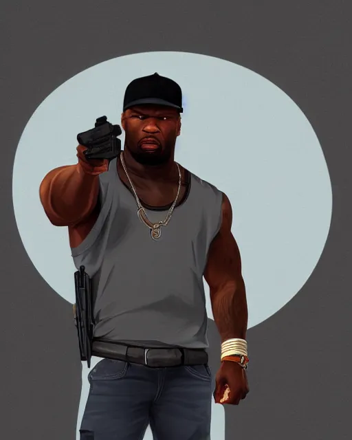 Prompt: a medium shot portrait of 5 0 cent as a gta vc character, he's holding a pistol. intricate detail, trending on artstationhq