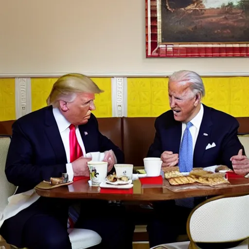 Image similar to trump and Biden sitting and eating breakfast at a Wafflehouse