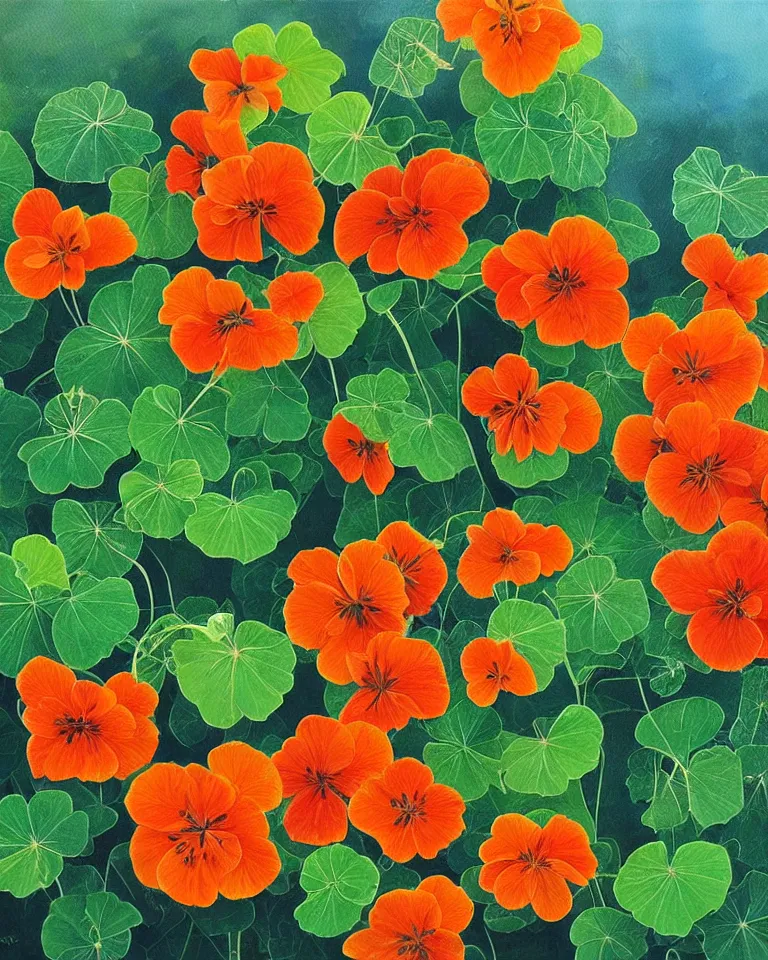 Prompt: fine painting of nasturtiums.