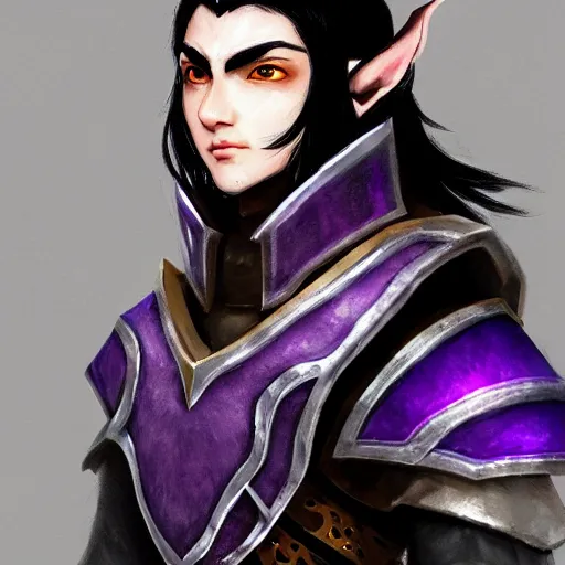 Prompt: Portrait of a black haired seasoned warrior elf in purple plate armour and wolf skin on his shoulders. In style of Hyung-tae Kim concept art, trending on ArtStation, Korean MMORPG.