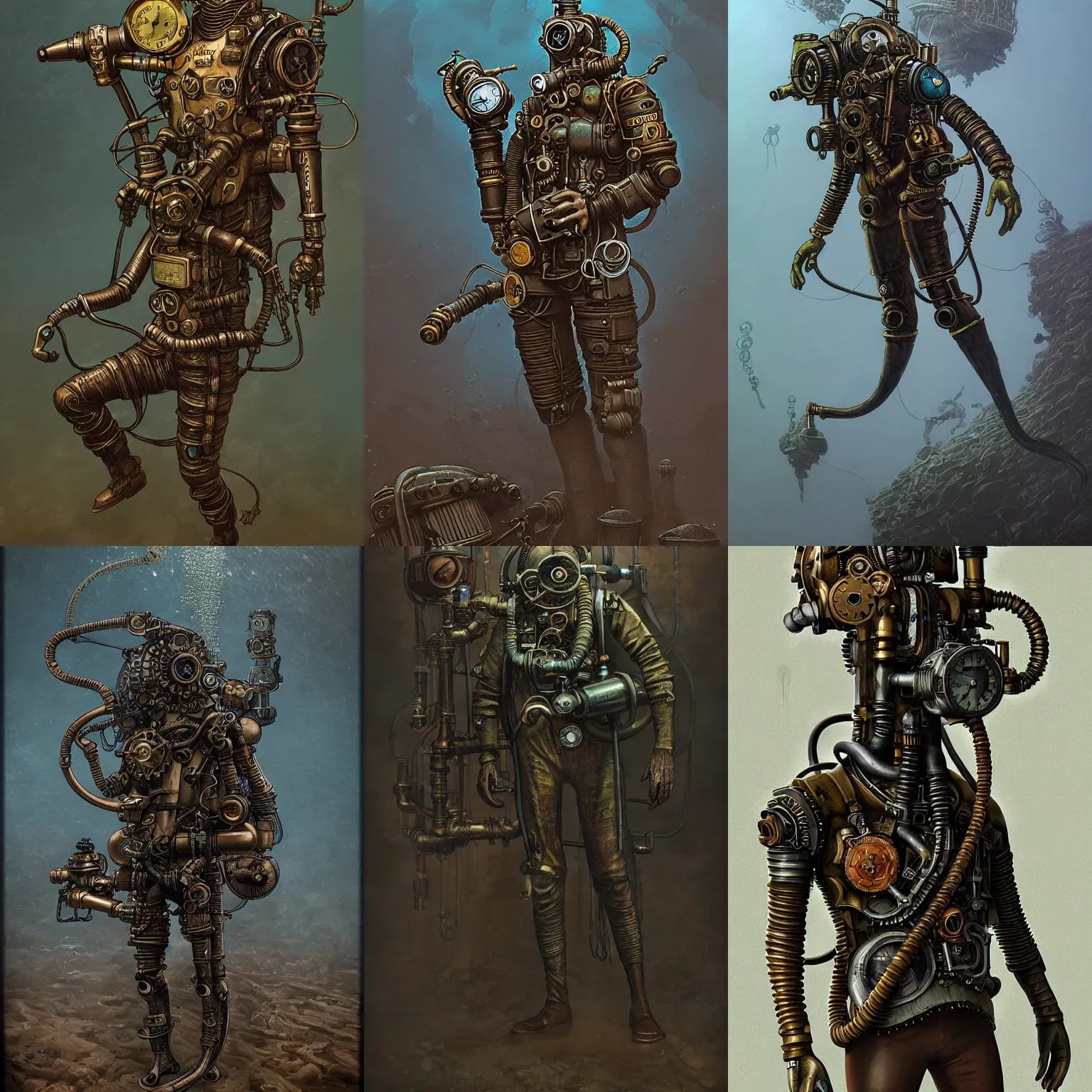 Prompt: long - shot of a steampunk scuba - diver, full color, dark colors, artstation, trending, intricate lining, inspired by tormentum dark sorrow screenshot, by piotr ruszkowski, h. r. giger and zdzisław beksinski