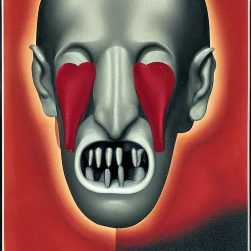 Image similar to a beautiful digital art of a giant head. the head is bald and has a big nose. the eyes are wide open and have a crazy look. the mouth is open and has sharp teeth. the neck is long and thin. hygge by richard hamilton ornamented