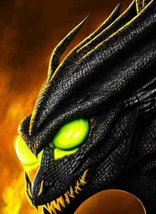 Image similar to closeup portrait of black dragon head with yellow eyes, ultra realistic, fantasy, magic, dnd,