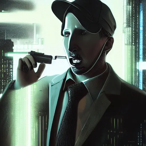 Prompt: portrait isometric drawing, Marilyn Manson as Aiden Pearce character from Watch Dogs game, cyberpunk, intricate, epic lighting, cinematic composition, hyper realistic, 8k resolution, unreal engine 5, by Artgerm, tooth wu, dan mumford, beeple, wlop, rossdraws, James Jean, Andrei Riabovitchev, Marc Simonetti, yoshitaka Amano, Artstation