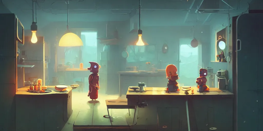 Image similar to cute solitary kitchen dim lit by a candle ripped physique simon stalenhag gerald brom bastien grivet by greg rutkowski, game background fisheye lens, low angle, day of the tentacle, 3 point perspective