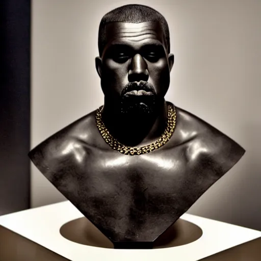 Prompt: kanye west as a roman bust, on display in a museum, national geographic photo