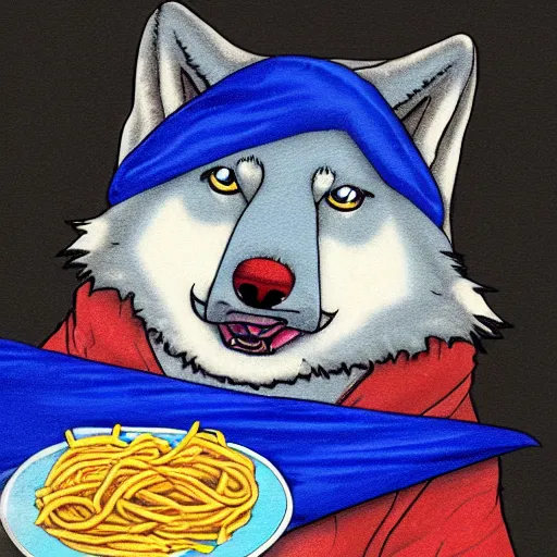 Prompt: a fat blue wolf wearing a red neckerchief eating pasta, digital art