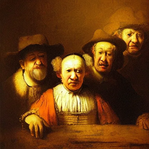 Prompt: a painting of hopeless, desperate, sad, unhappy, miserable people faces, by rembrandt