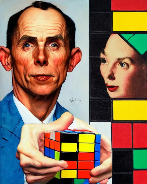 Prompt: A painting of a man with a head like a rubiks cube, Norman Rockwell painting of a man with rubiks cube head