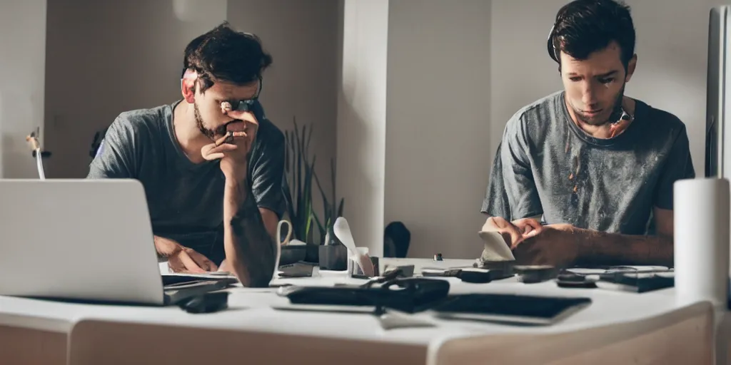 Prompt: a webdesigner working alone in his room, computers, laptop, messy desktop