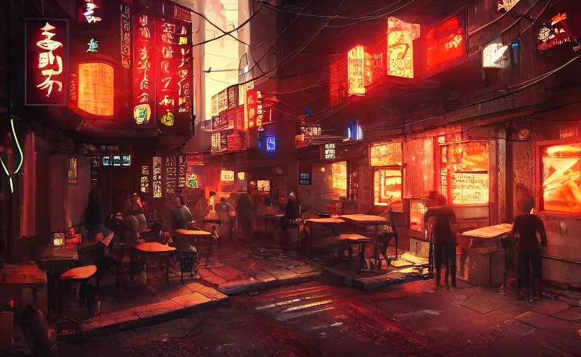 Image similar to a small cozy hole in the wall ramen restaurant nestled in a busy street of a bustling thriving cyberpunk city at night, trending on cgsociety, unreal engine, 4 k wallpaper