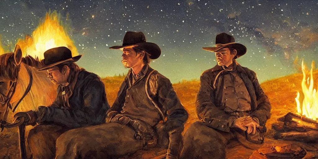 Prompt: in the old west, at a campfire at night, close up portrait of one sleeping bandit scoot mcnairy ( ( alone ) and wide shot of one thomas brodie - sangster ( ( alone ) ) watches the stars and his horse grazes, in the style of fredrick remington, oil painting, warm color palate, astral