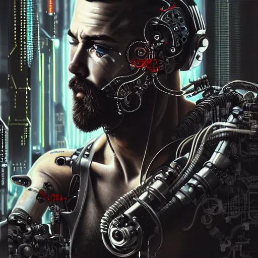 Image similar to ultra realist intricate detailed pin - up painting of a single rugged cyborg male, bearded face and cyborg tech on body and legs, symmetry accurate features, cyberpunk, industrial, apocalyptic, very intricate details, focus, high resolution, 8 k resolution, dramatic lighting, artstyle hiraku tanaka, award winning