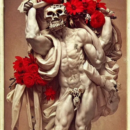 Image similar to a man in the form of a Greek sculpture with a mask in the form of a skull and wreath of flowers skulls in hands dressed in a biomechanical dress, red white and gold color scheme, baroque, by Michelangelo