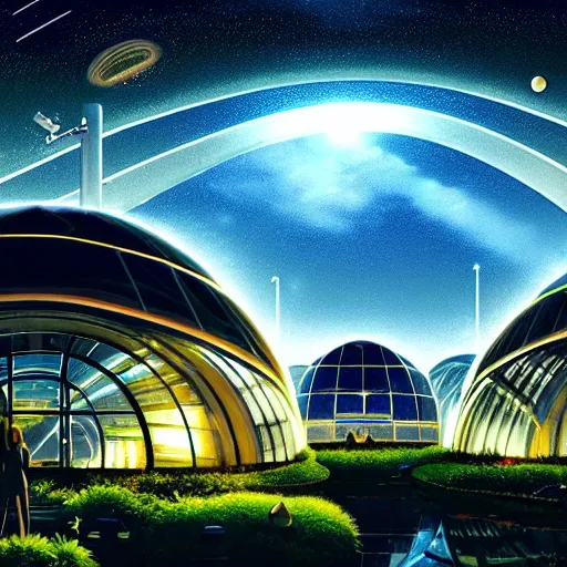 Image similar to a cinematic view of a deepspace solar powered space habitat colony, large domed greenhouses with exotic plants, retrofuturism, scifi art, oil on canvas, biodome, stars in the sky above, details, hyper - detailed, hd, hdr, 4 k, 8 k