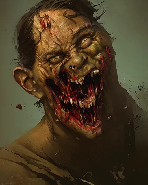 Prompt: hyper realistic photo portrait laughing crazy zombie cinematic, greg rutkowski, james gurney, mignola, craig mullins, brom