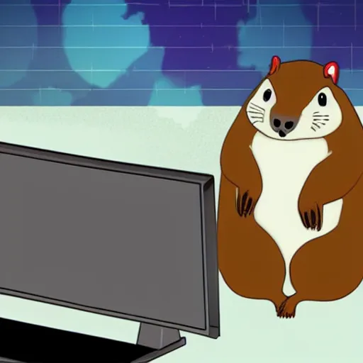 Prompt: concept art of A groundhog is working on a computer in anime style