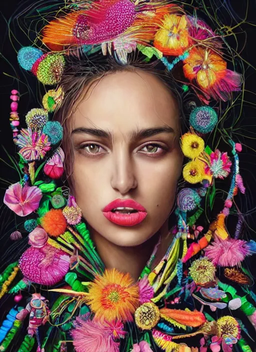 Prompt: beautiful portrait of Irina Shayk wearing fantastic Hand-dyed cotton dress,embellished beaded feather decorative fringe knots ,colorful pigtail,playful makeup,subtropical flowers and plants,symmetrical face,intricate,elegant,highly detailed,8k,digital painting,trending on pinterest,harper's bazaar,concept art, sharp focus, illustration,golden ratio,by artgerm,Tom Bagshaw,Lawrence Alma-Tadema,greg rutkowski