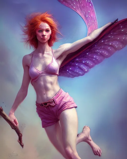 Image similar to female pixie, perfect face, thin wings, pink halter top, ginger hair, abs, cinematic, freckles, stunning, athletic, strong, agile, highly detailed, psychedelic, digital painting, artstation, smooth, hard focus, illustration, art by jessica rossier and and brian froud