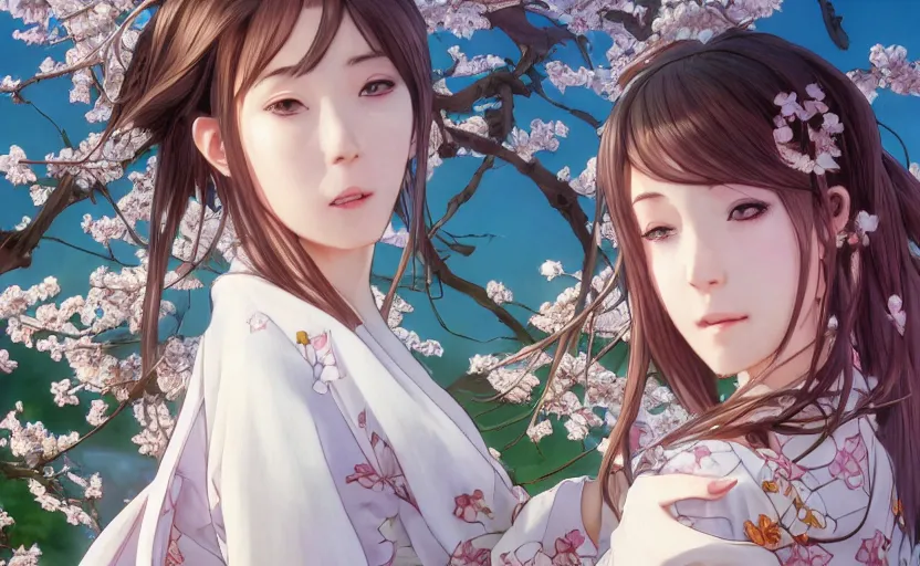 Image similar to side portrait of a girl walking, sakura tree in background, yukata clothing, battlefield in background, anime style, hair down, symmetrical facial features, from arknights, hyper realistic, 4 k, extreme detail, detailed drawing, trending artstation, realistic lighting, by alphonse mucha, greg rutkowski, sharp focus, backlit