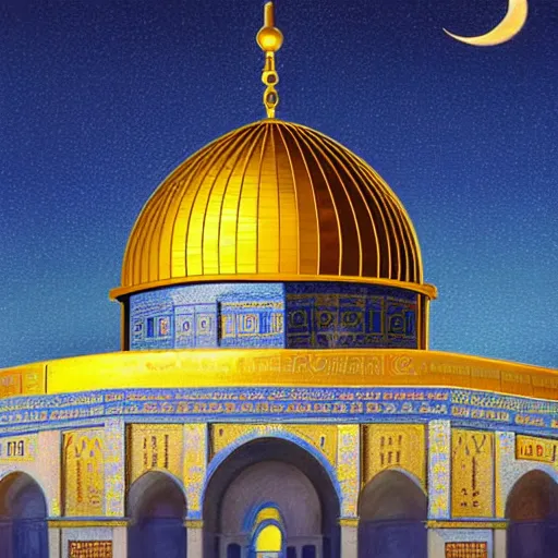 Image similar to a beautiful oil painting flyer design illustration of dome of the rock jerusalem and a silhouette of muslim is praying to god in front of it, intricate, elegant, glowing lights, highly detailed, digital painting, artstation, concept art, smooth, sharp focus, illustration, flat background