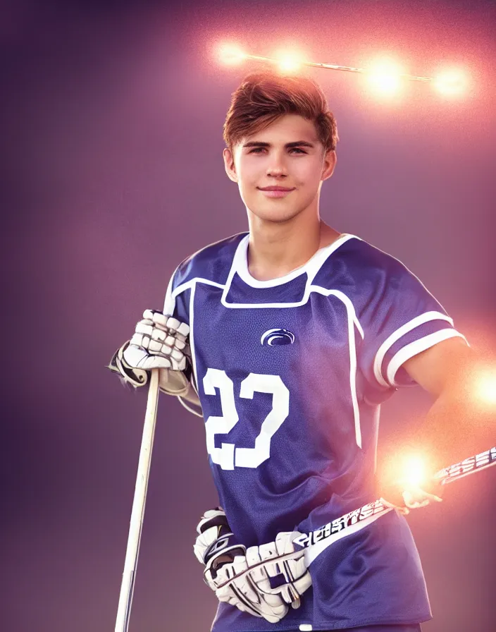 Image similar to closeup portrait of very beautiful cute male lacrosse player in a penn state stadium, glamour pose, particle effects, backlit, highly detailed, soft ambient lighting, sharp focus, rule of thirds, artgerm, wlop, arney freytag, rossdraws, frank frazetta, andrei riabovitchev, hd, octane, 4 k