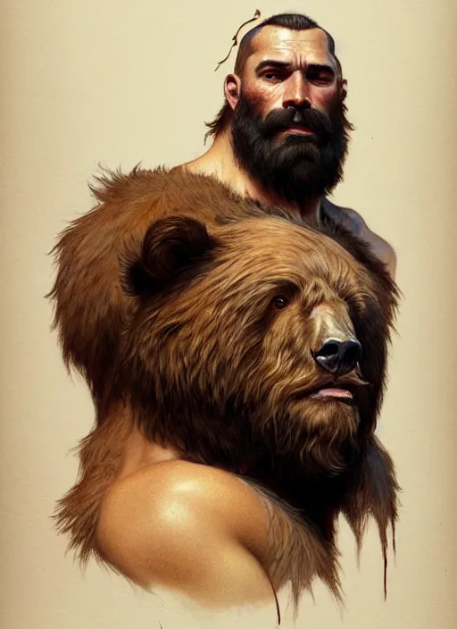 Image similar to Portrait of a hairy man with a bear's head, muscular, intricate, elegant, highly detailed, digital painting, artstation, concept art, smooth, sharp focus, illustration, art by artgerm and greg rutkowski and alphonse mucha