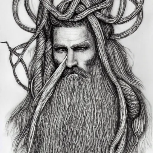 Image similar to bearded male druid gray skin pointy ears with vines as hair detailed fantasy pencil drawing