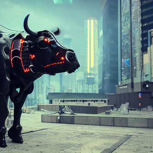 Image similar to cyberpunk style robotic cow, high detail, digital art, concept art, octane render, unreal render 4 k