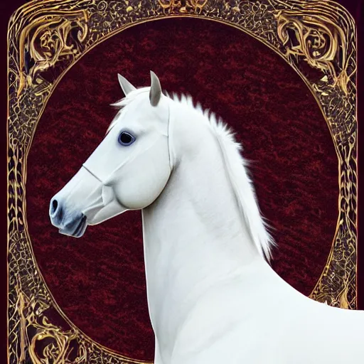 Image similar to an all white horse, with no facial features, like a white mask pulled over their face, full body laying in a blood red pool of water between a golden mirror frame, inside the frame of the mirror is the bohemian grove sacrifice ritual and outside the mirror frame is a deep space., physically accurate, dynamic lighting, intricate, elegant, highly detailed, very very Roberto Ferri, sharp focus, very very unsettling, very terrifying, illustration, art