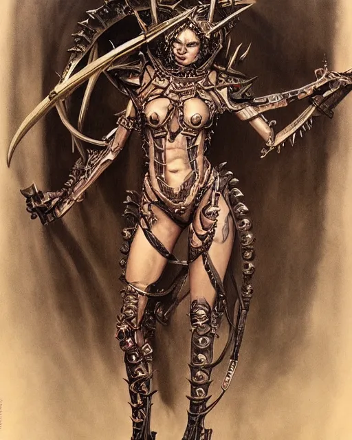 Prompt: portrait of a beautiful savage slaanesh creature female warhammer 4 0 k, wearing futuristic armor with spines horns mechanical parts, by norman rockwell