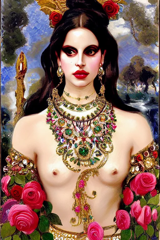 Image similar to roses, diamonds, textile style, highly detailed, mosaic painting of lana del rey as shiva, clear facial features by john singer sargent, beautiful extravagant costume details, jewelry.