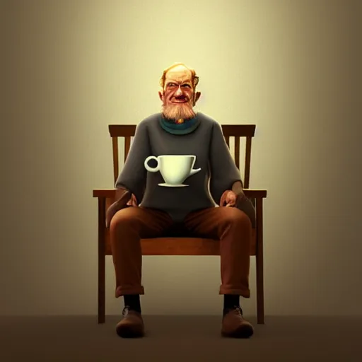 Prompt: old man sitting on a chair drinking coffee, by etienne hebinger, cgsociety, fantasy art, 2 d game art